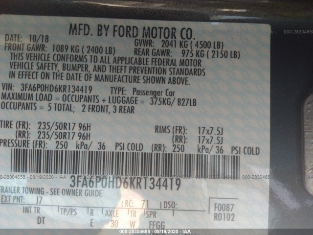 Photo 8 VIN: 3FA6P0HD6KR134419 - FORD FUSION 