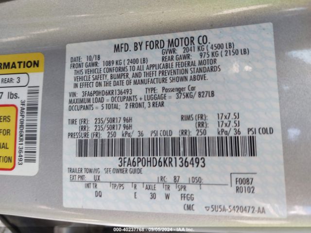 Photo 8 VIN: 3FA6P0HD6KR136493 - FORD FUSION 