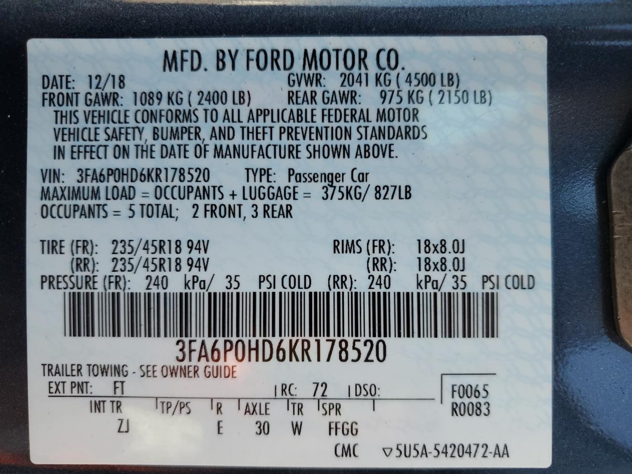 Photo 12 VIN: 3FA6P0HD6KR178520 - FORD FUSION 