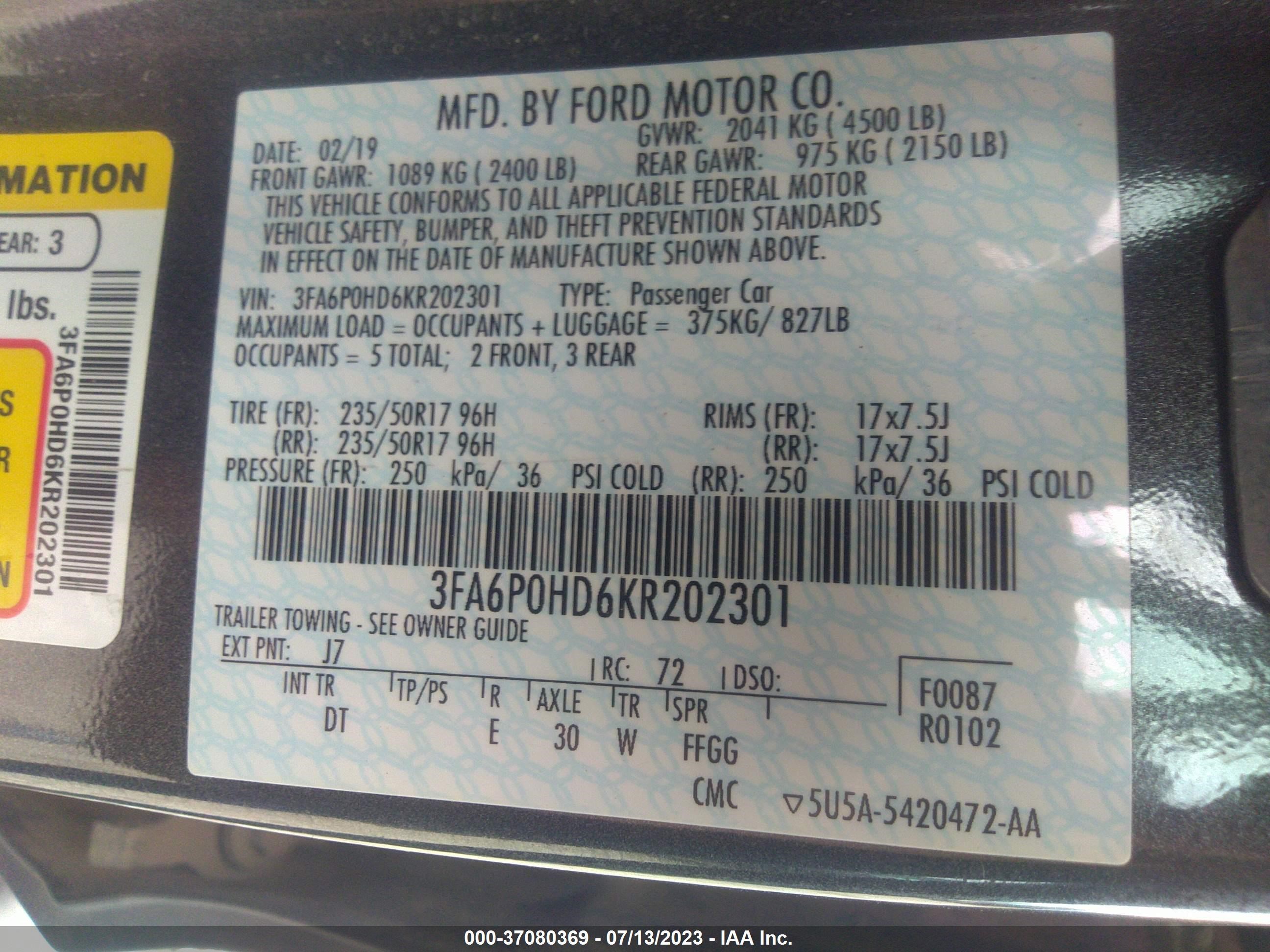 Photo 8 VIN: 3FA6P0HD6KR202301 - FORD FUSION 