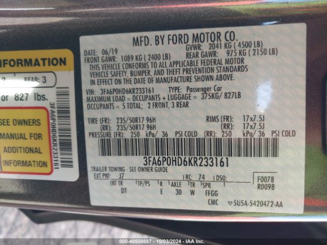 Photo 8 VIN: 3FA6P0HD6KR233161 - FORD FUSION 