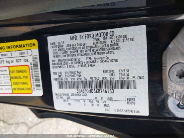 Photo 8 VIN: 3FA6P0HD6KR246153 - FORD FUSION 