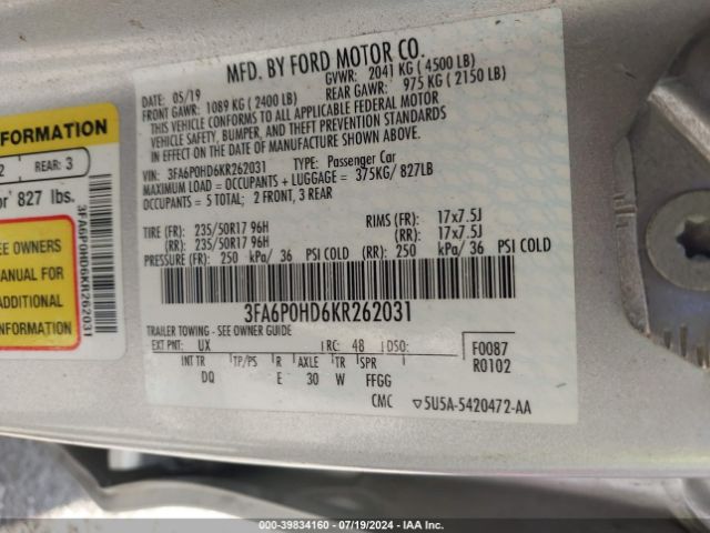 Photo 8 VIN: 3FA6P0HD6KR262031 - FORD FUSION 