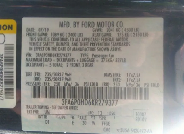 Photo 8 VIN: 3FA6P0HD6KR279377 - FORD FUSION 