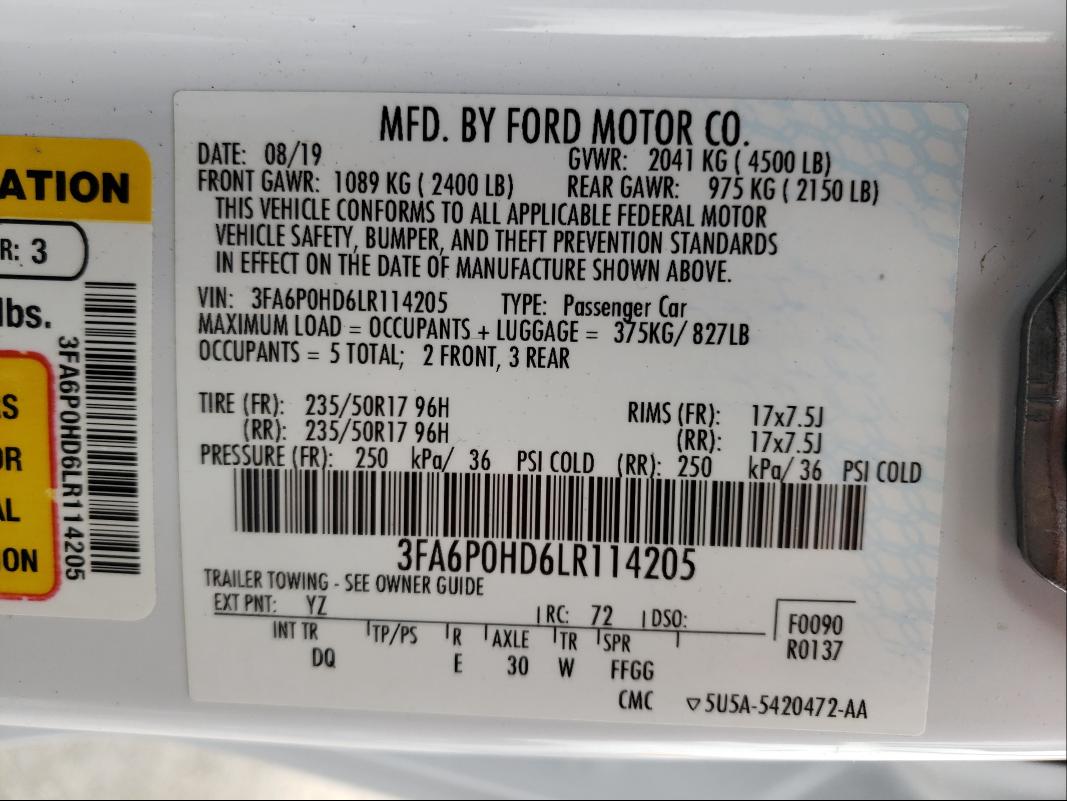 Photo 9 VIN: 3FA6P0HD6LR114205 - FORD FUSION SE 