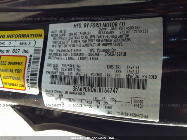 Photo 8 VIN: 3FA6P0HD6LR164747 - FORD FUSION 