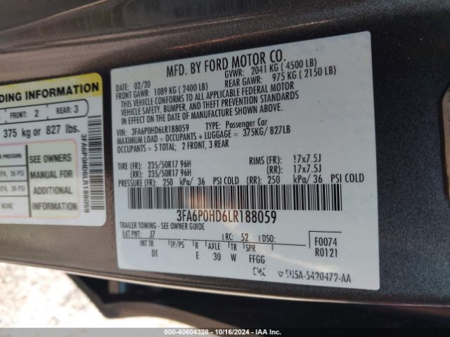 Photo 8 VIN: 3FA6P0HD6LR188059 - FORD FUSION 