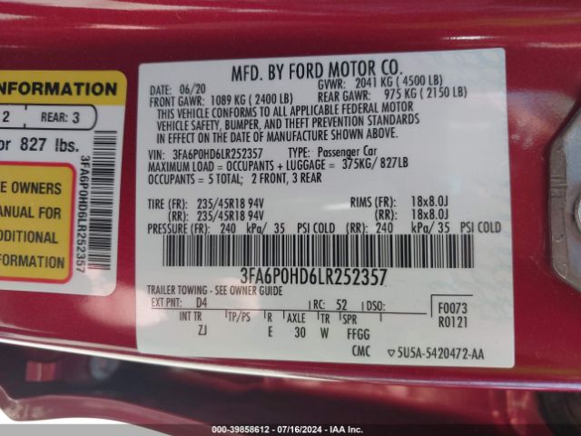 Photo 8 VIN: 3FA6P0HD6LR252357 - FORD FUSION 