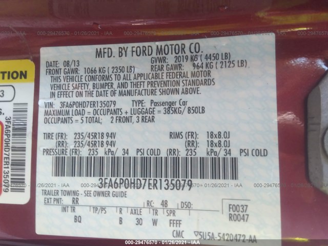 Photo 8 VIN: 3FA6P0HD7ER135079 - FORD FUSION 