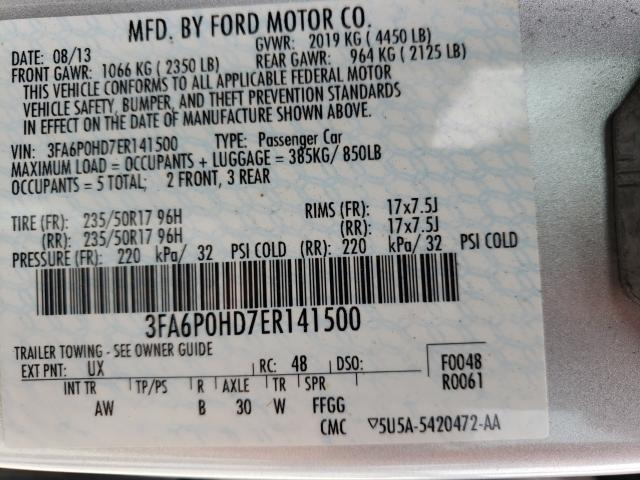 Photo 9 VIN: 3FA6P0HD7ER141500 - FORD FUSION SE 