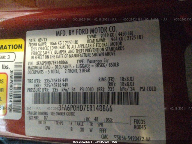 Photo 8 VIN: 3FA6P0HD7ER148866 - FORD FUSION 