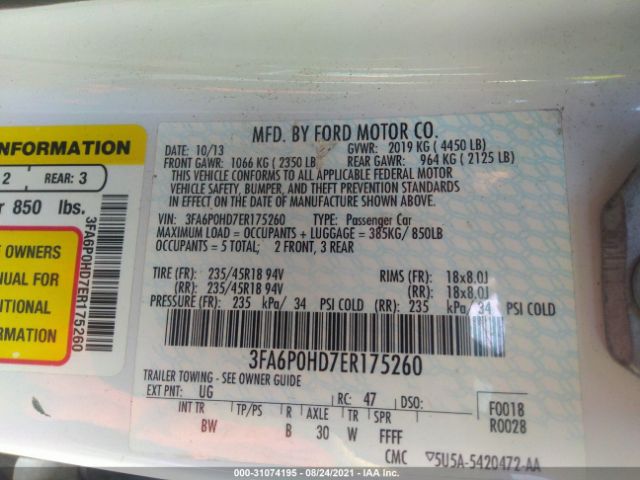 Photo 8 VIN: 3FA6P0HD7ER175260 - FORD FUSION 