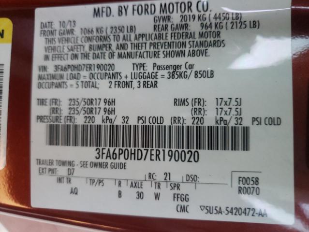 Photo 9 VIN: 3FA6P0HD7ER190020 - FORD FUSION SE 