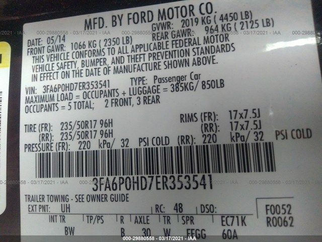 Photo 8 VIN: 3FA6P0HD7ER353541 - FORD FUSION 