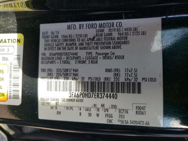 Photo 9 VIN: 3FA6P0HD7ER374440 - FORD FUSION SE 