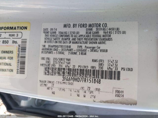 Photo 8 VIN: 3FA6P0HD7FR151848 - FORD FUSION 