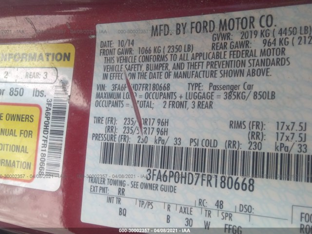 Photo 8 VIN: 3FA6P0HD7FR180668 - FORD FUSION 