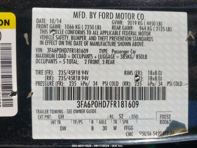 Photo 8 VIN: 3FA6P0HD7FR181609 - FORD FUSION 