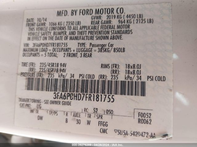 Photo 8 VIN: 3FA6P0HD7FR181755 - FORD FUSION 