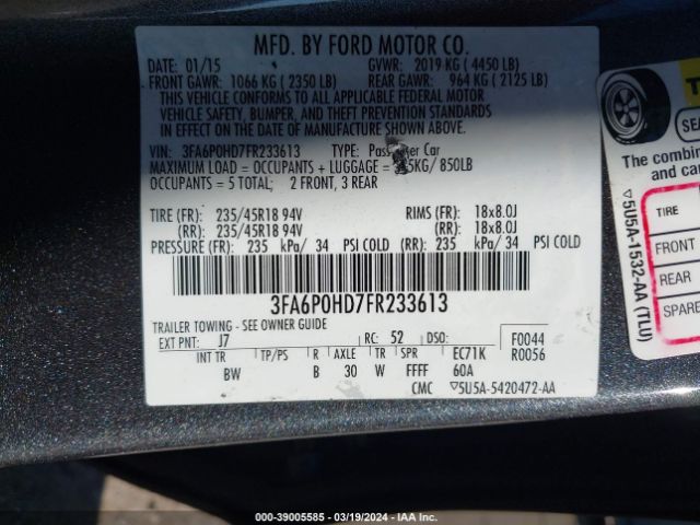 Photo 8 VIN: 3FA6P0HD7FR233613 - FORD FUSION 