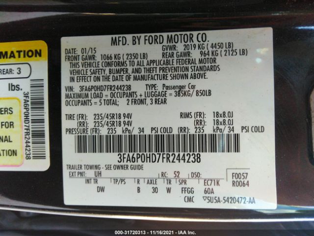 Photo 8 VIN: 3FA6P0HD7FR244238 - FORD FUSION 