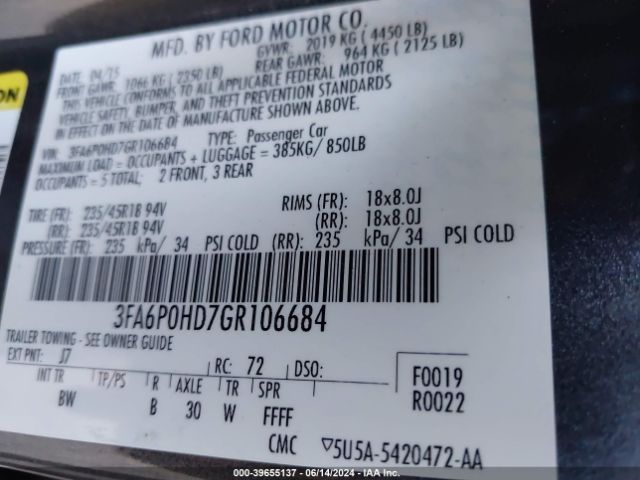 Photo 8 VIN: 3FA6P0HD7GR106684 - FORD FUSION 