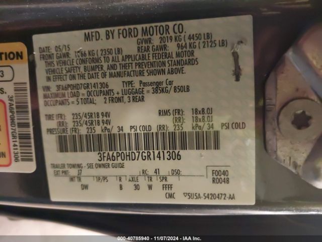 Photo 8 VIN: 3FA6P0HD7GR141306 - FORD FUSION 