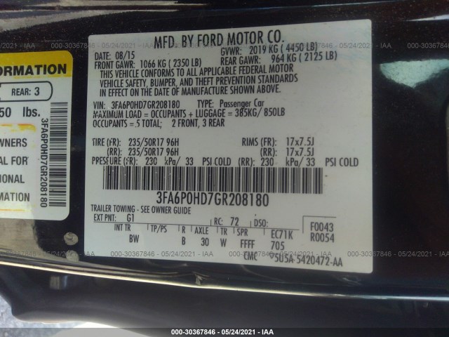 Photo 8 VIN: 3FA6P0HD7GR208180 - FORD FUSION 