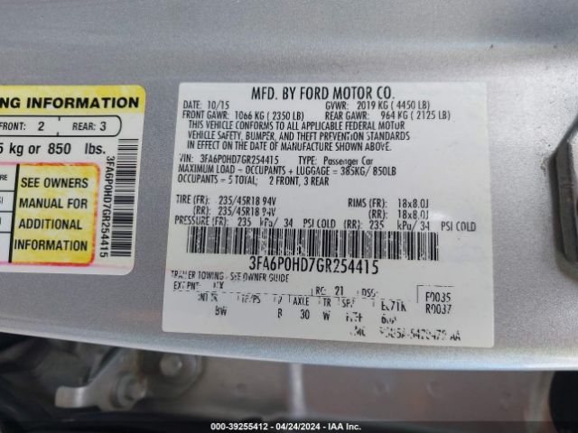 Photo 8 VIN: 3FA6P0HD7GR254415 - FORD FUSION 