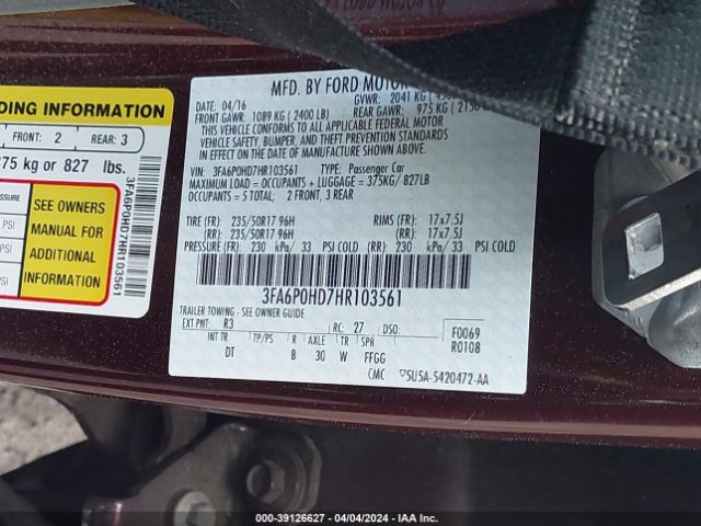 Photo 8 VIN: 3FA6P0HD7HR103561 - FORD FUSION 