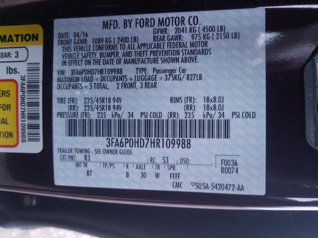 Photo 9 VIN: 3FA6P0HD7HR109988 - FORD FUSION SE 