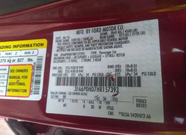 Photo 8 VIN: 3FA6P0HD7HR157393 - FORD FUSION 