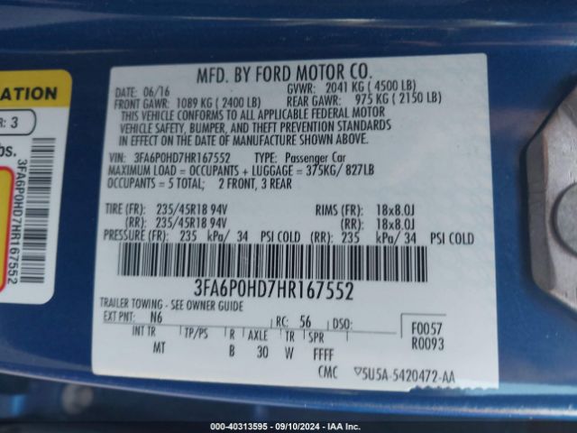 Photo 8 VIN: 3FA6P0HD7HR167552 - FORD FUSION 