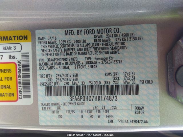 Photo 8 VIN: 3FA6P0HD7HR174873 - FORD FUSION 