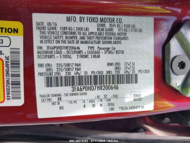 Photo 8 VIN: 3FA6P0HD7HR200646 - FORD FUSION 