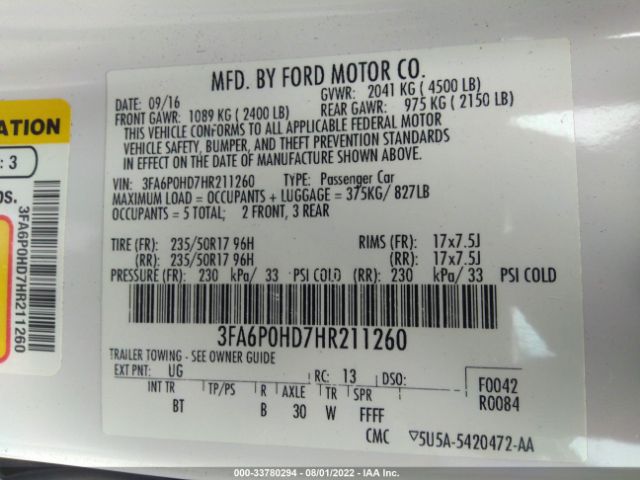 Photo 8 VIN: 3FA6P0HD7HR211260 - FORD FUSION 