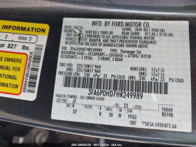 Photo 8 VIN: 3FA6P0HD7HR249989 - FORD FUSION 