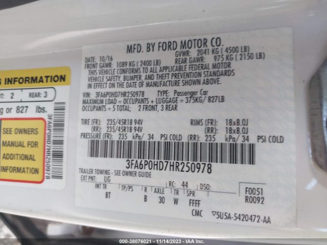 Photo 8 VIN: 3FA6P0HD7HR250978 - FORD FUSION 