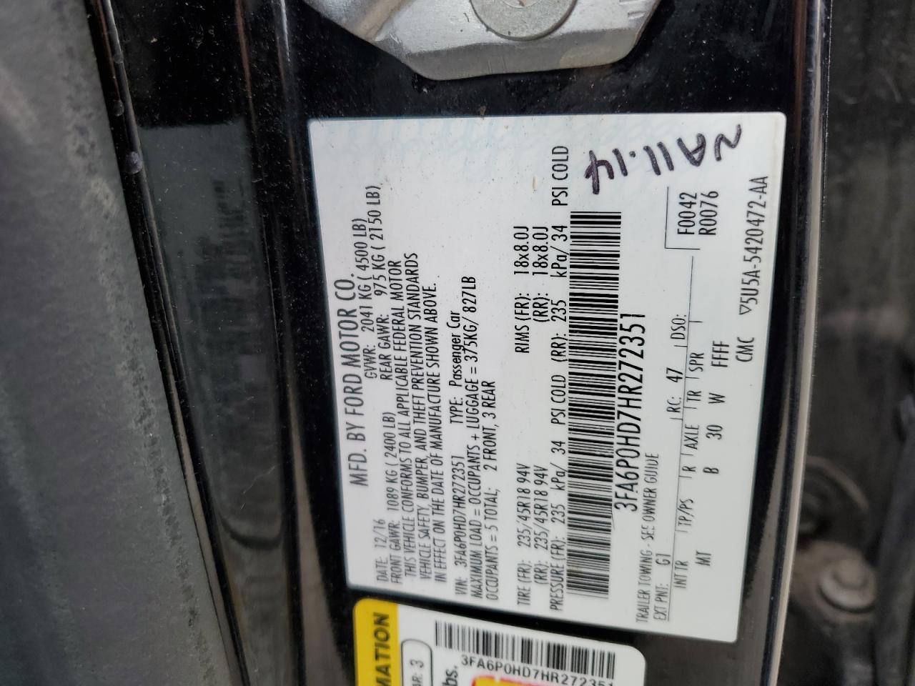 Photo 11 VIN: 3FA6P0HD7HR272351 - FORD FUSION 