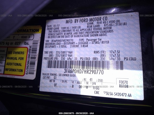 Photo 8 VIN: 3FA6P0HD7HR290770 - FORD FUSION 