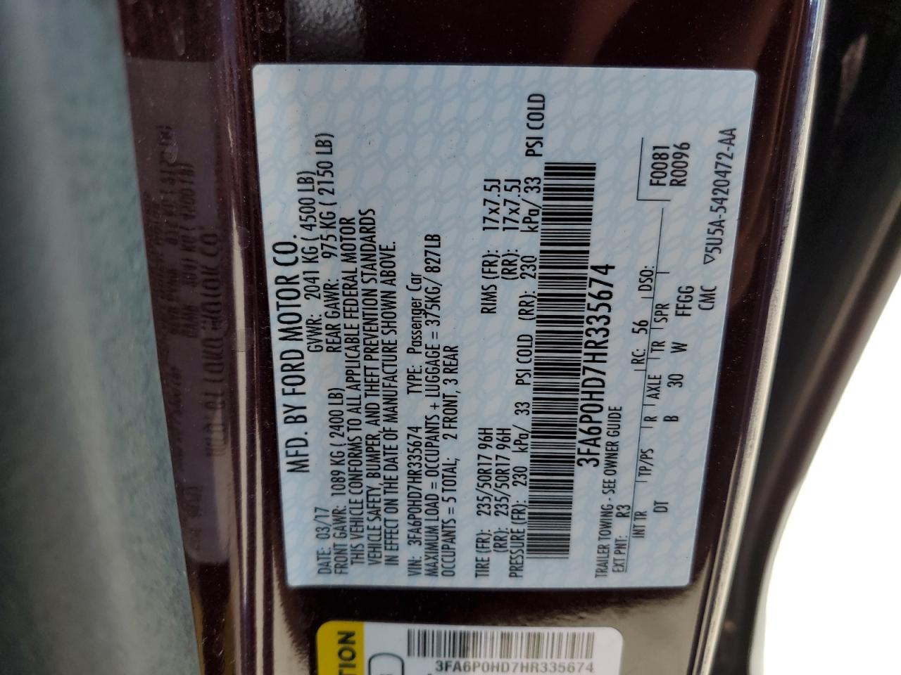 Photo 11 VIN: 3FA6P0HD7HR335674 - FORD FUSION 