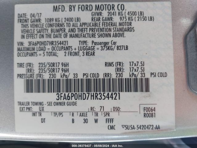 Photo 8 VIN: 3FA6P0HD7HR354421 - FORD FUSION 