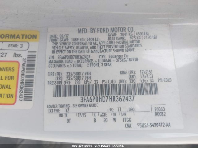 Photo 8 VIN: 3FA6P0HD7HR362437 - FORD FUSION 