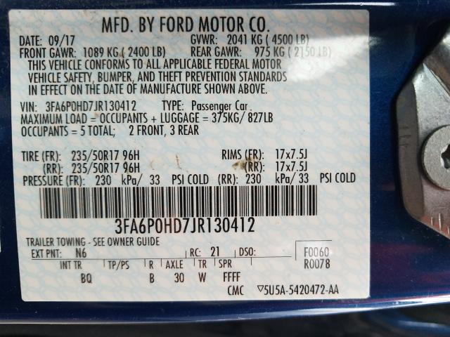 Photo 9 VIN: 3FA6P0HD7JR130412 - FORD FUSION SE 