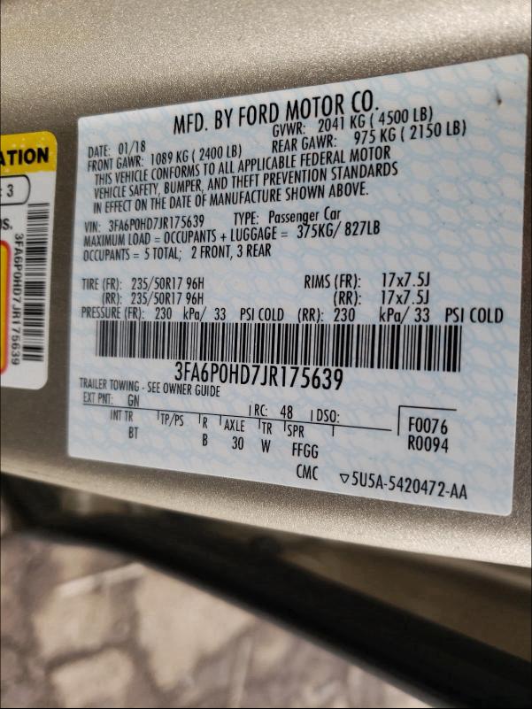 Photo 9 VIN: 3FA6P0HD7JR175639 - FORD FUSION SE 