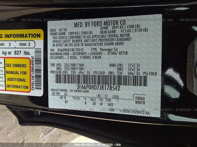 Photo 8 VIN: 3FA6P0HD7JR178542 - FORD FUSION 