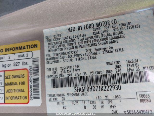 Photo 8 VIN: 3FA6P0HD7JR222930 - FORD FUSION 