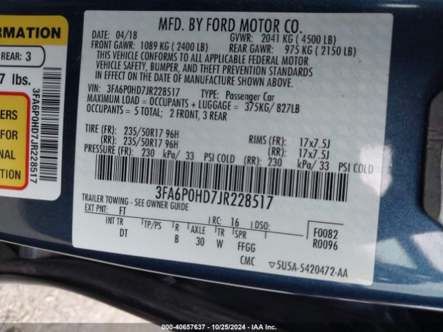 Photo 8 VIN: 3FA6P0HD7JR228517 - FORD FUSION 