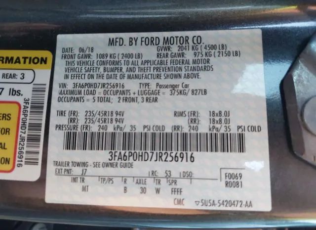 Photo 8 VIN: 3FA6P0HD7JR256916 - FORD FUSION 