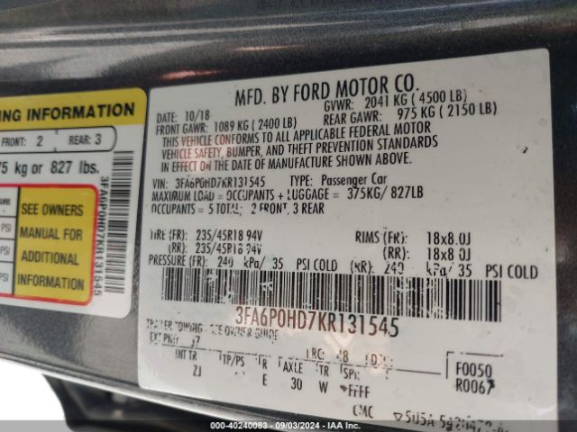 Photo 8 VIN: 3FA6P0HD7KR131545 - FORD FUSION 